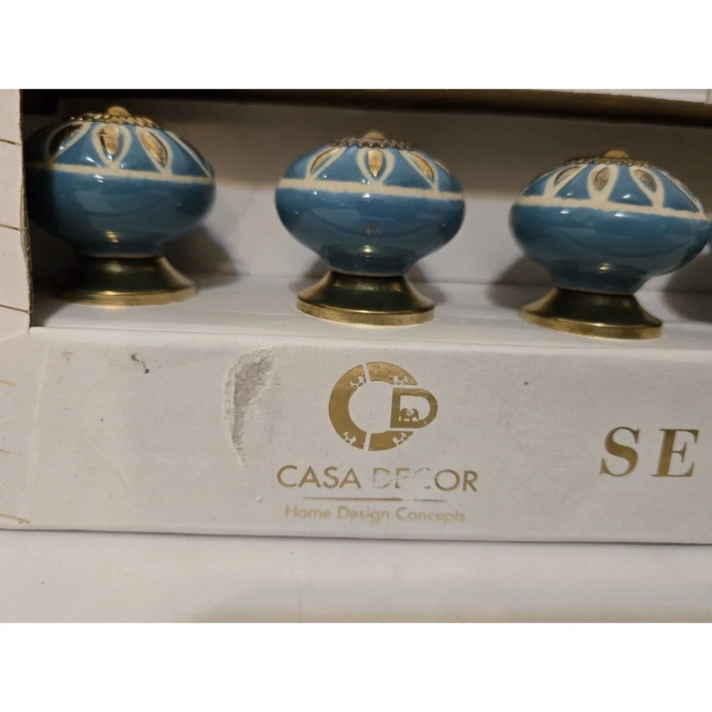 Set 8 Casa Decor Ceramic Drawer Cabinet Pull Knobs Handmade Turquoise & Gold NIB